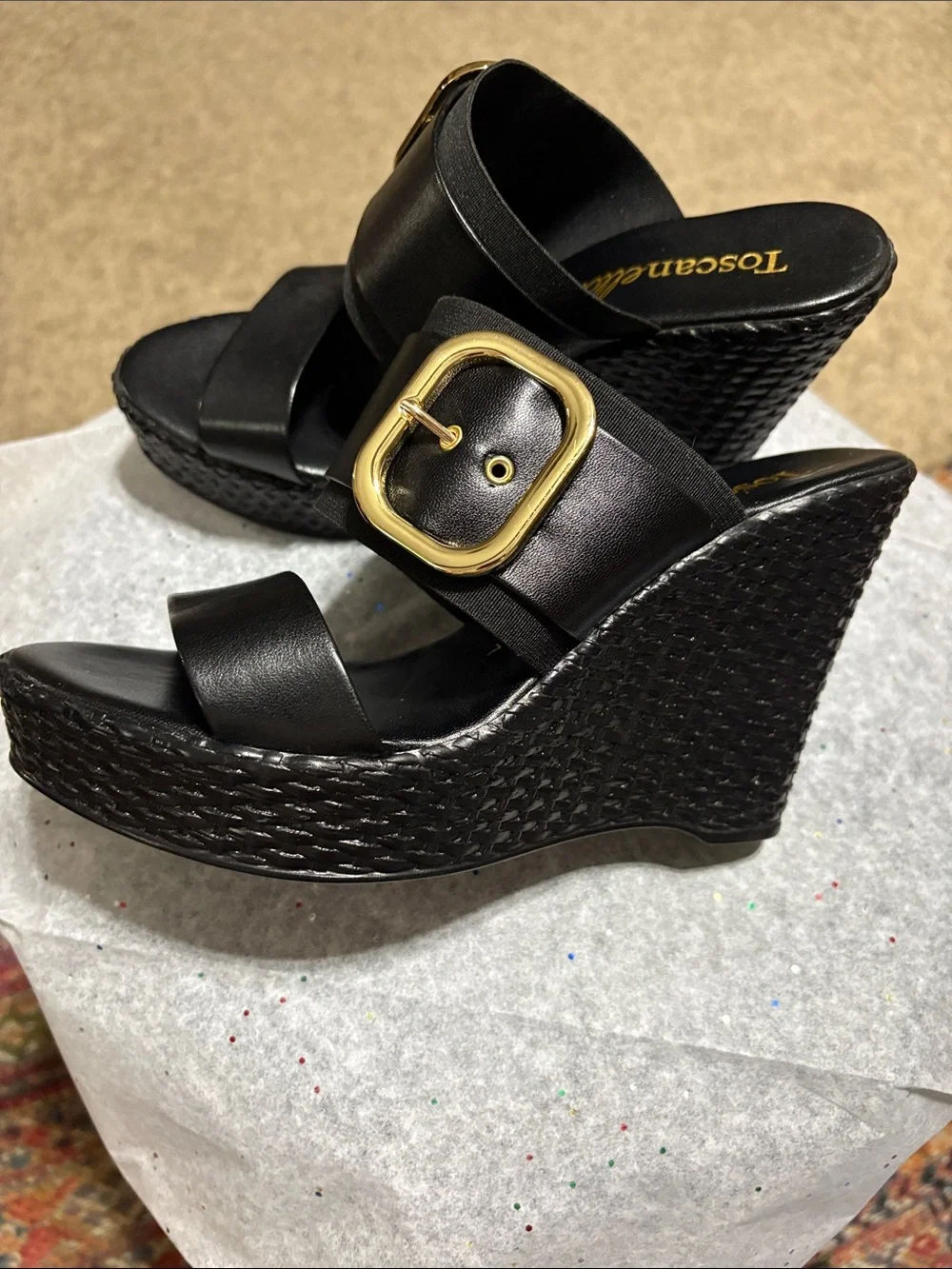 Toscanella Black Wedge Sandals with Gold Buckle Accent